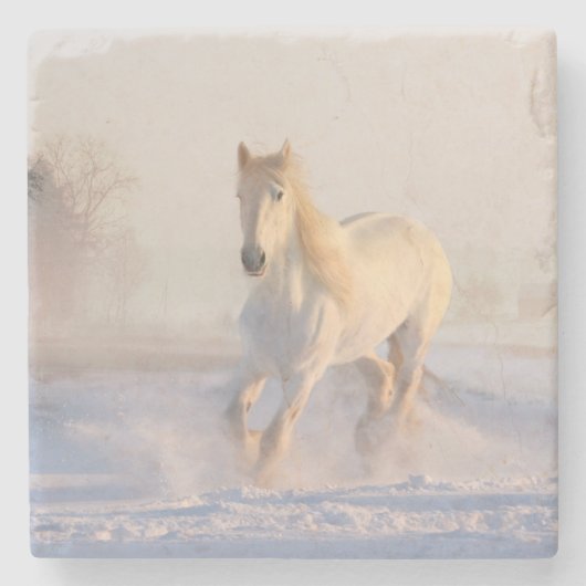 wit paard in sneeuw stenen onderzetter (Voorkant)