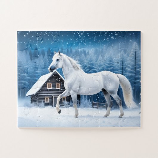 Wit paard in winterbos legpuzzel (Horizontaal)