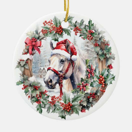 Wit paard Kerstmis holly bessen krans Keramisch Ornament (Voorkant)