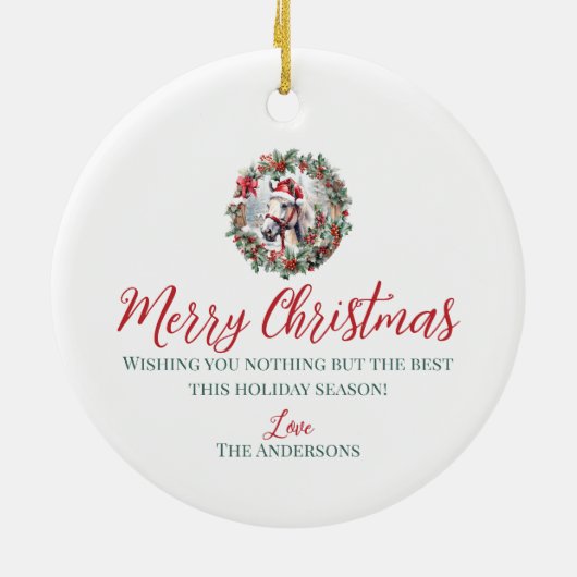 Wit paard Kerstmis holly bessen krans Keramisch Ornament (Achterkant)