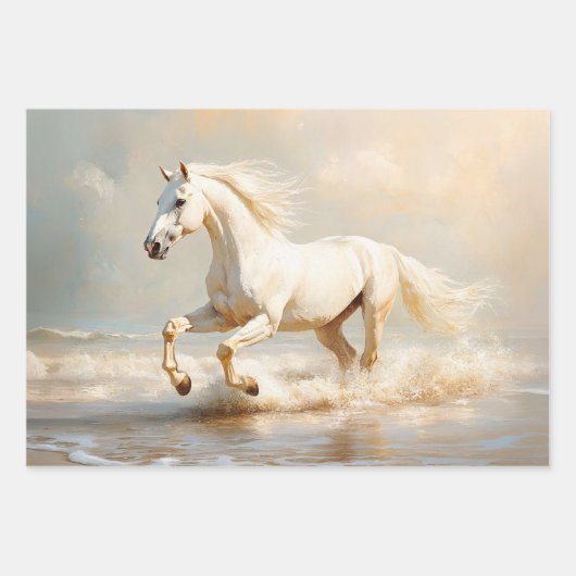 Wit paard loopt op het strand Decoupage Inpakpapier Vel (Voorkant 3)