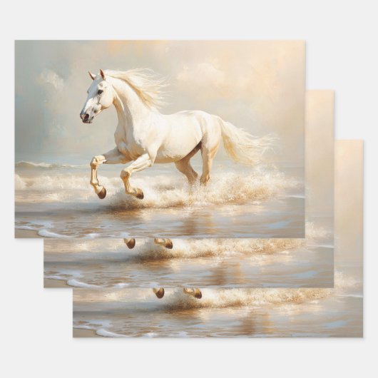 Wit paard loopt op het strand Decoupage Inpakpapier Vel (Set)