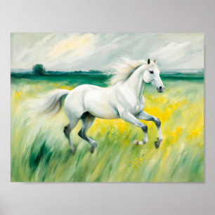 Wit paard loopt over de weide poster