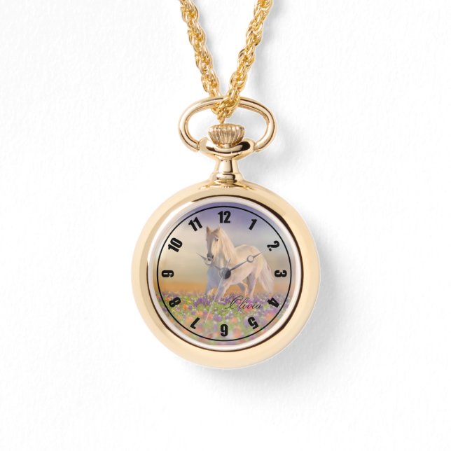 Wit Paard met Bloemen en Naam Horloge (Voorkant)