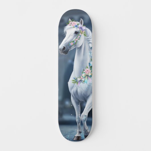 Wit Paard met Bloemen Skateboard (Voorkant)