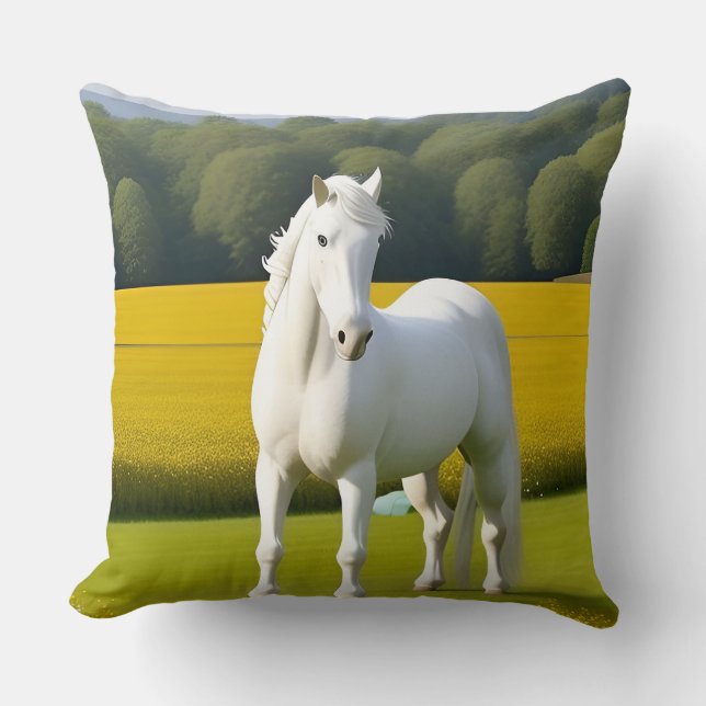Wit Paard Met Bloemenslinger Kussen (Voorkant)
