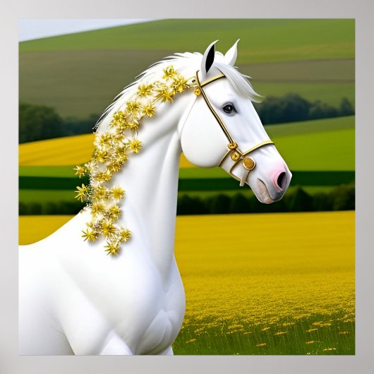 Wit Paard Met Bloemenslinger Poster (Voorkant)