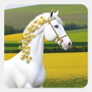 Wit Paard Met Bloemenslinger Vierkante Sticker
