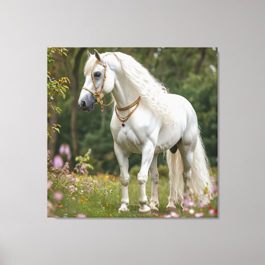 Wit Paard met Golvende Manen Canvas Afdruk (Voorkant)