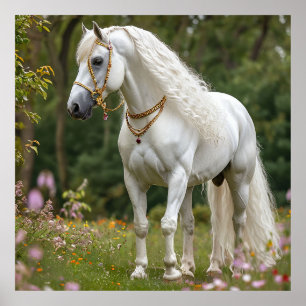 Wit paard met golvende manen poster