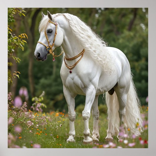 Wit paard met golvende manen poster (Voorkant)