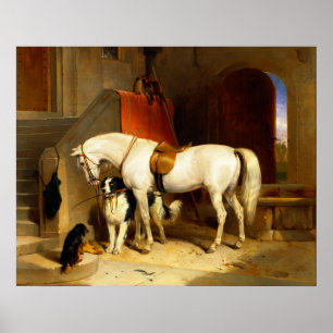 WIT PAARD MET HONDEN EN VALKEN IN STAL POSTER