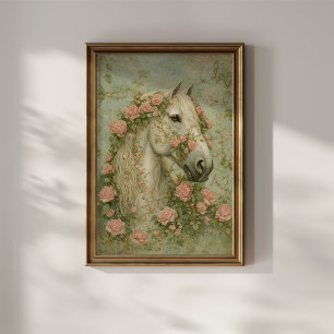 Wit Paard met Rozen Poster