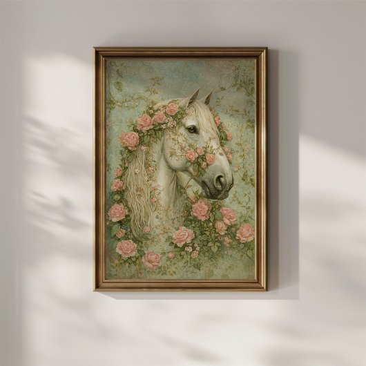 Wit Paard met Rozen Poster