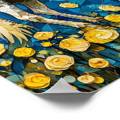 Wit Paard Mozaïek Blauwe Bloemrijke Fantasie Kunst Poster (Hoek)