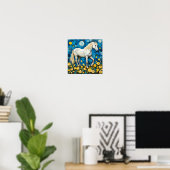 Wit Paard Mozaïek Blauwe Bloemrijke Fantasie Kunst Poster (Thuiskantoor)