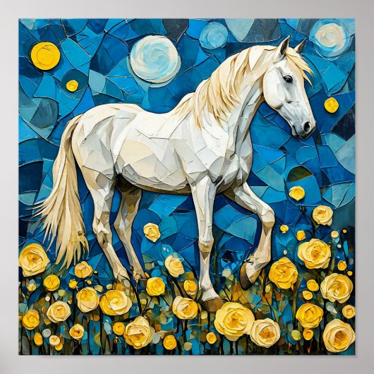 Wit Paard Mozaïek Blauwe Bloemrijke Fantasie Kunst Poster (Voorkant)