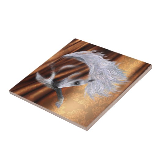 Wit Paard op Koper - aanpasbare achtergrond Tegeltje (Zijkant)