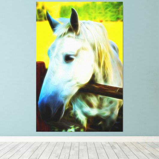 *~* Wit Paard over Omheining AR22 Paardachtige Canvas Afdruk (Insitu (Houten vloer))