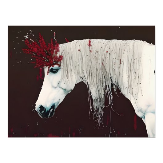 Wit Paard Rode Bloemen Foto Afdruk (Voorkant)