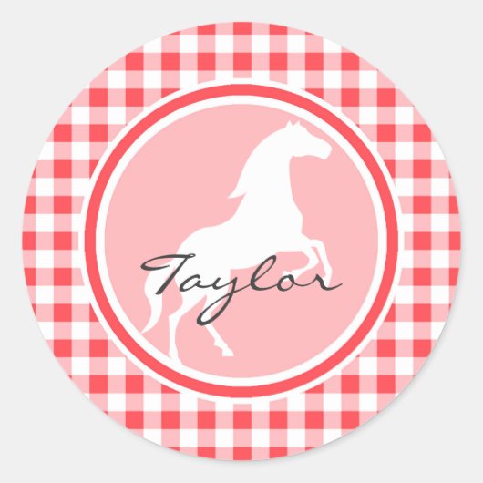 Wit Paard; Rood en Wit Gingham Ronde Sticker (Voorkant)