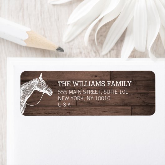 Wit Paard Rustiek Bruin Houten Terugkeeradresetike Etiket (Insitu)