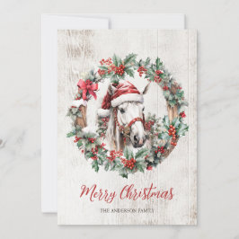 Wit paard Santa hoed Kerstkrans rustiek hout Feestdagenkaart