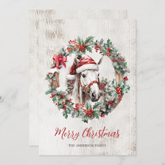 Wit paard Santa hoed Kerstkrans rustiek hout Feestdagenkaart (Voorkant / Achterkant)