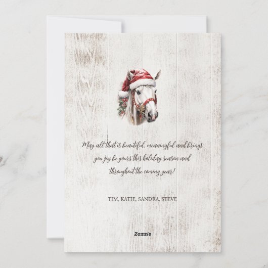Wit paard Santa hoed Kerstkrans rustiek hout Feestdagenkaart (Achterkant)