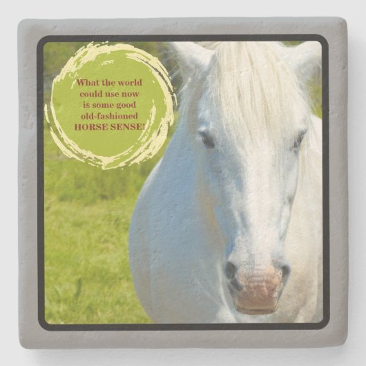 Wit paard staart in camera/paardengevoel stenen onderzetter (Voorkant)