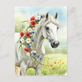 Wit Paard Wilde Bloemen Waterverf Bloem Postkaart Feestdagenkaart