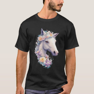 Wit Paardenportret met Bloemen Koe Paard Ri T-shirt
