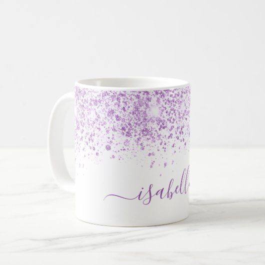Wit paars glitter-naamscript koffiemok (Voorkant links)