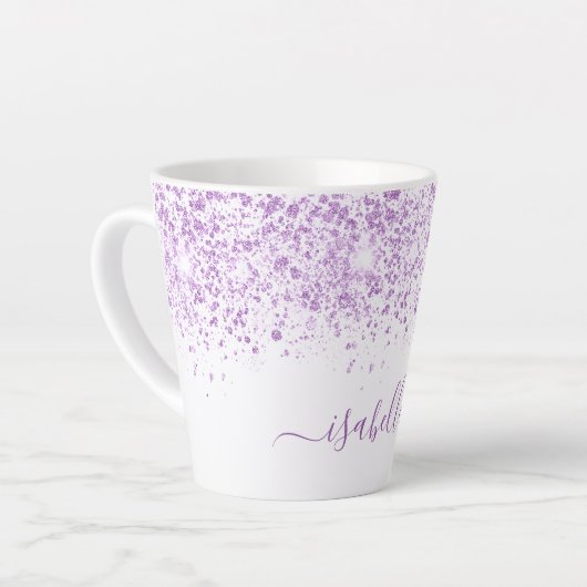 Wit paars glitter-naamscript latte mok (Linkerhoek)