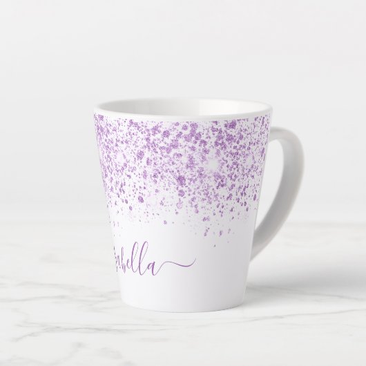 Wit paars glitter-naamscript latte mok (Rechterhoek)
