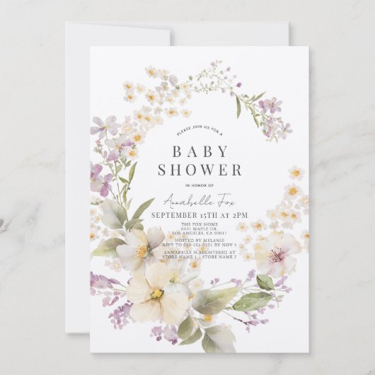 Wit & Paarse Bloemen Waterverf Baby shower Kaart (Voorkant)