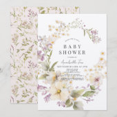 Wit & Paarse Bloemen Waterverf Baby shower Kaart (Voorkant / Achterkant)