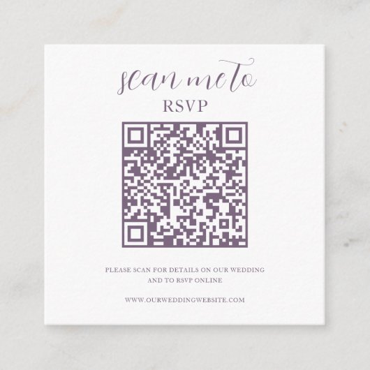 Wit & Paarse | Bruiloft RSVP QR Code Informatiekaartje (Voorkant)