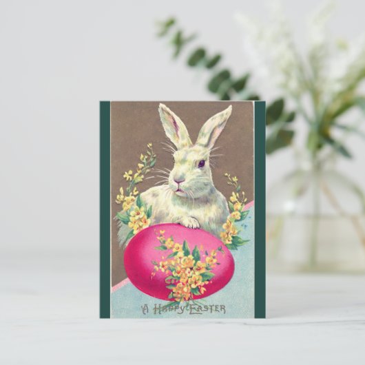  wit paashaas met felroze eitje briefkaart (Staand voorkant)