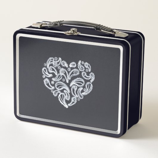 Wit Paisley hart op zwarte lunchboxen (Voorkant)