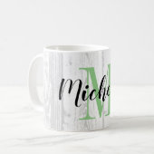 Wit paneel met houtnerfprint en op maat gemaakte m koffiemok (Voorkant links)