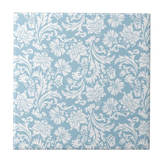 Wit & Pastel+blauw Bloemen Damasks Tegeltje (Voorkant)