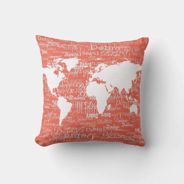 Wit patroon van namen & wereldkaart, op koraal buitenkussen (Voorkant)