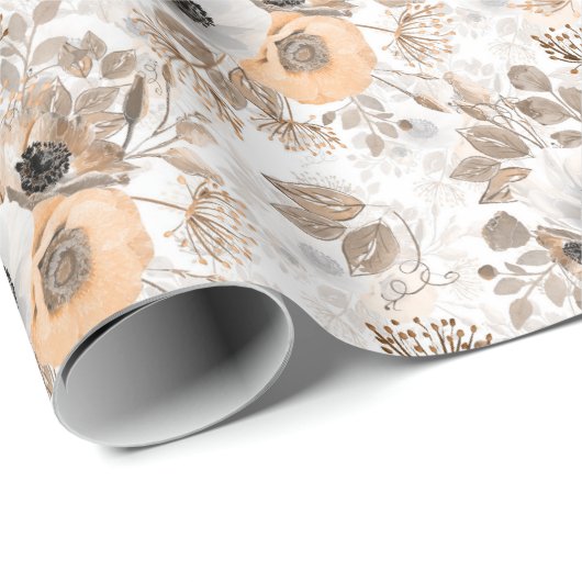 Wit, perzik bloemen, elegant cadeaupapier (Rol Hoek)