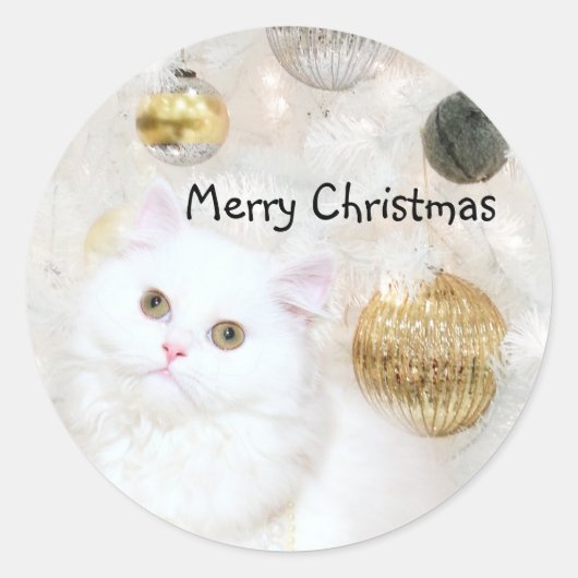 Wit perzisch kat Kerstmis Ronde Sticker (Voorkant)