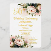 Wit |Pink Peonies 50th Wedding Jubileum Party Folie Uitnodiging (Voorkant)