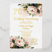 Wit |Pink Peonies 70th Wedding Jubileum Party Folie Uitnodiging (Voorkant)
