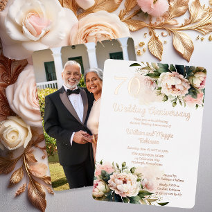 Wit Pink Peonies 70th Wedding Jubileum Party Folie Uitnodiging