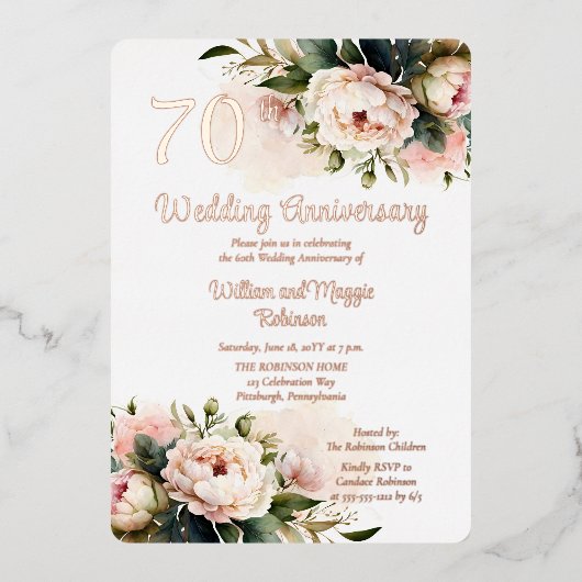 Wit |Pink Peonies 70th Wedding Jubileum Party Folie Uitnodiging (Voorkant)