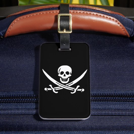 Wit, Piraat Vlag Calico Jack, Schedel & Cutlass Bagagelabel (Voorkant Insitu 2)